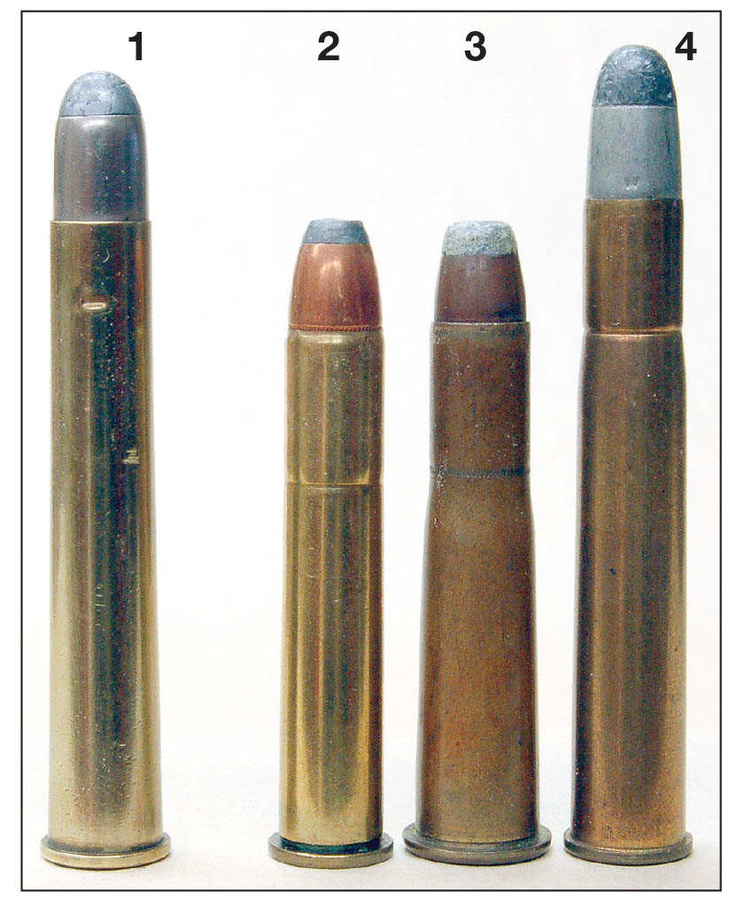 The (1) .375 Flanged Nitro Express (2½) cartridge is compared here to American rounds available at the same time, including the (2) .38-55, (3) .38-56 and (4) .38-72 WCF.